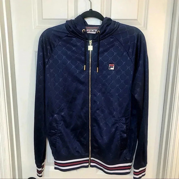 𝅺Fila navy blue zip down hoodie with a diamond pattern Y2K size Small - Picture 1 of 14